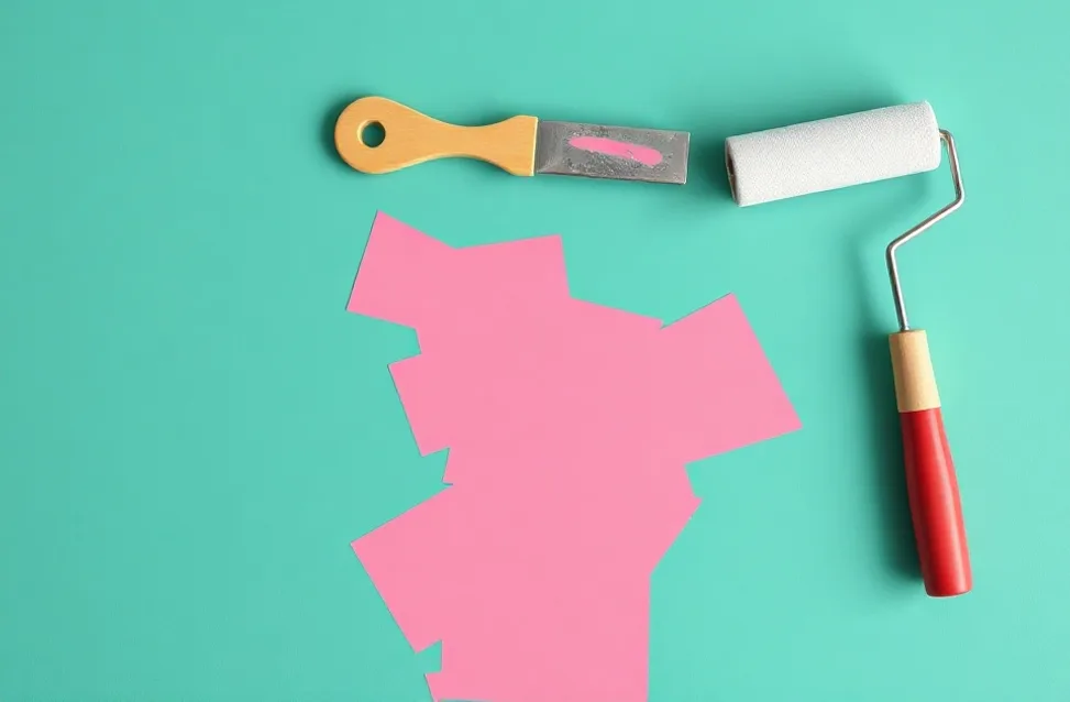Outils de peinture disposés dans l'ordre des étapes du chantier