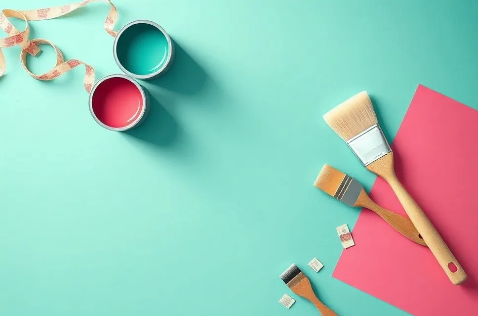 Pots de peinture, nuancier, brosses et rouleaux disposés à plat