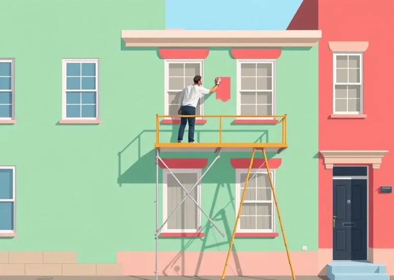 Peintre sur échafaudage traitant la façade d'une maison