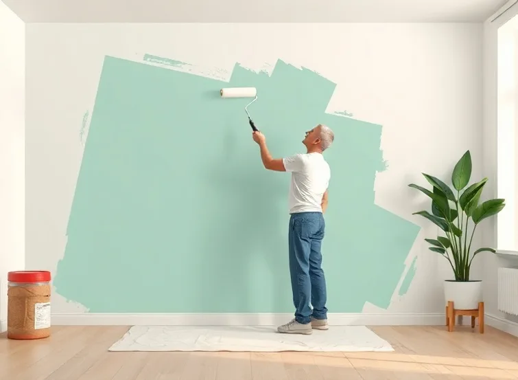 Peintre appliquant la peinture au rouleau sur un mur de salon